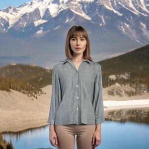 Women’s Button Front Shirt CHICO’S Easy-Care Stripes Cotton Long Sleeve Blouse